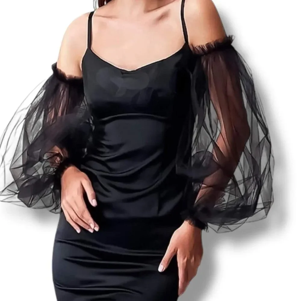 Black Long Tulle Puff Ruffle Arm Covers Sleeves OSFM NWT